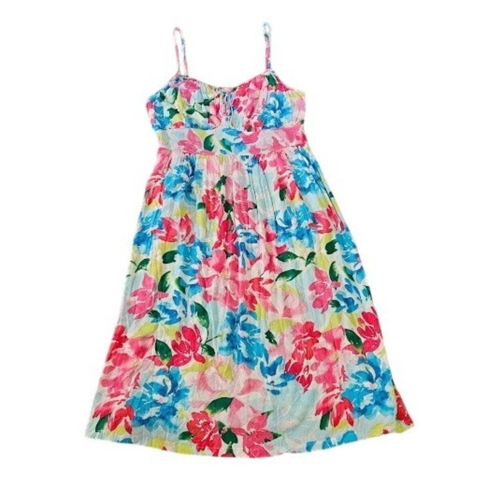 Old Navy Floral Midi Dress Womens XL Pink Blue Tropical Rayon Smocked Sundress
